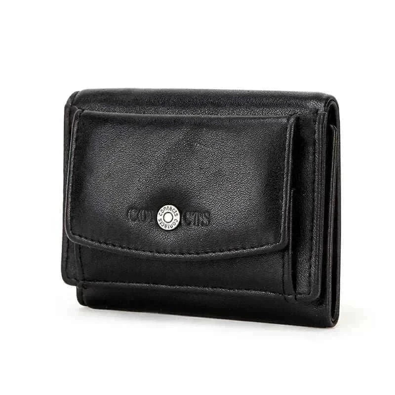 Small women's short genuine leather wallet, compact and fashionable, with multiple card slots and coin pocket.