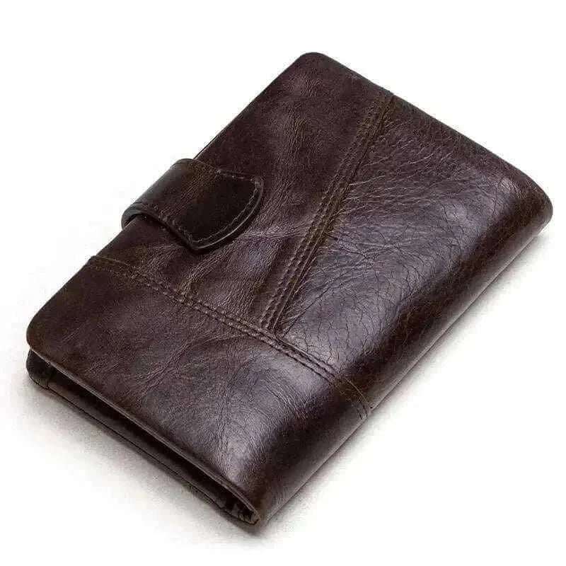 Genuine leather short wallet with vintage slim design, multiple card slots, and bill compartment.