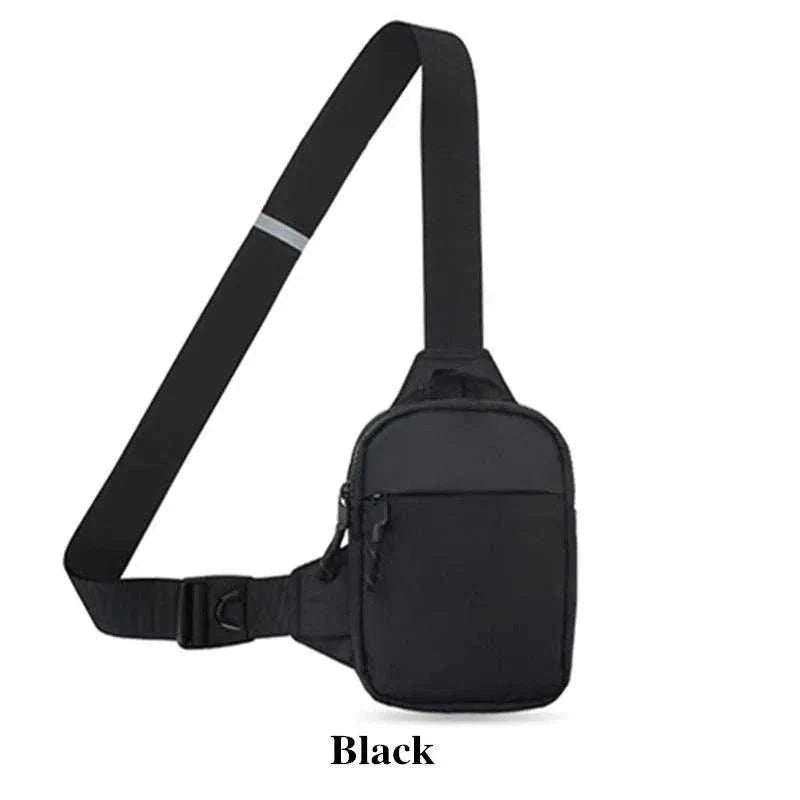 Black outdoor fishing travel sling bag with adjustable shoulder strap; compact, ergonomic design for adventure lovers.