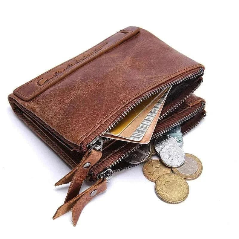 Genuine leather wallet for men with multiple card slots and zippered coin pockets.