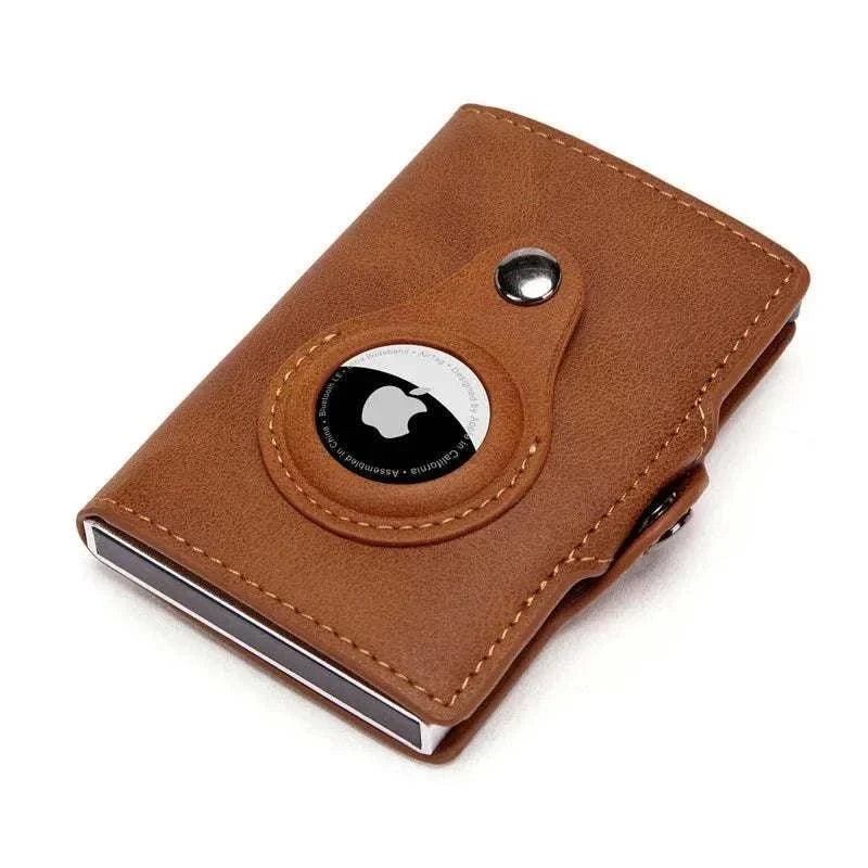 Metal aluminum box case with integrated AirTag holder, RFID blocking, and pop-up card mechanism; compact men's wallet.