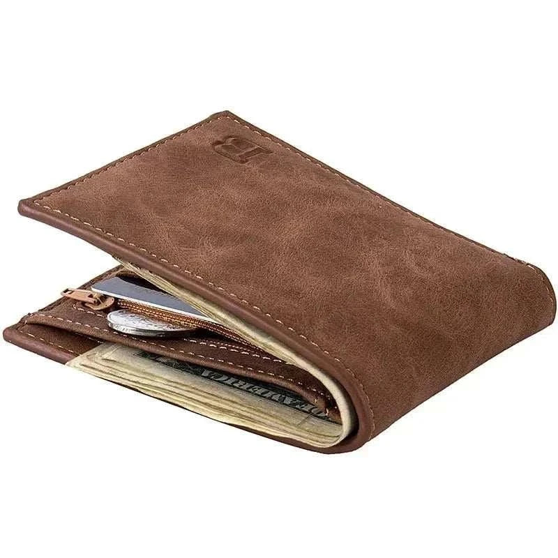 Leather wallet with zipper, bifold design, genuine leather, card holder, coin pocket, unisex.