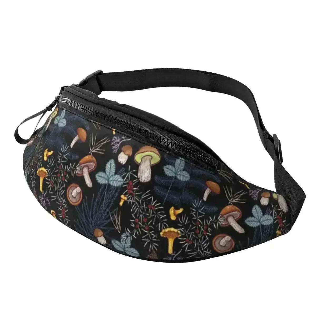 Dark wild forest mushrooms fanny pack with adjustable strap and zippered compartments.