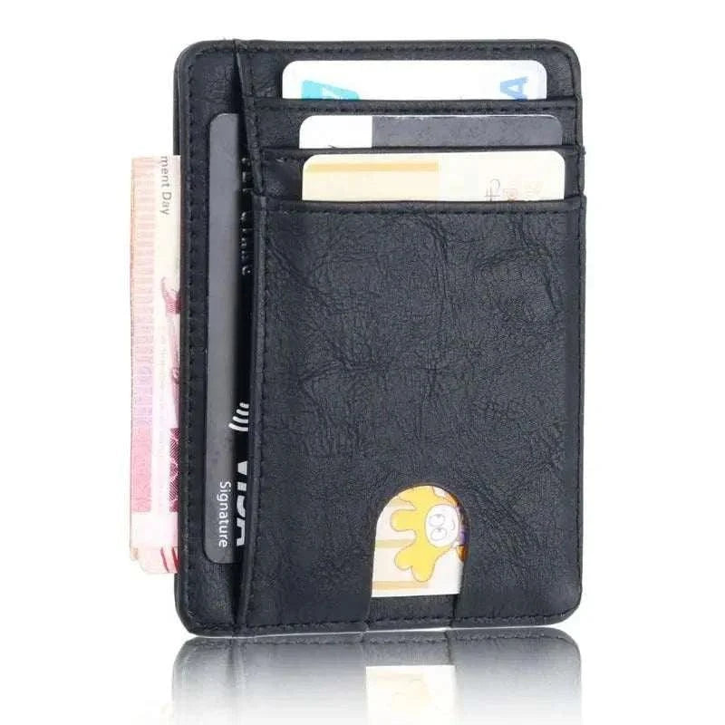 Compact blocking leather wallet with RFID protection, card slots, and bill compartment.